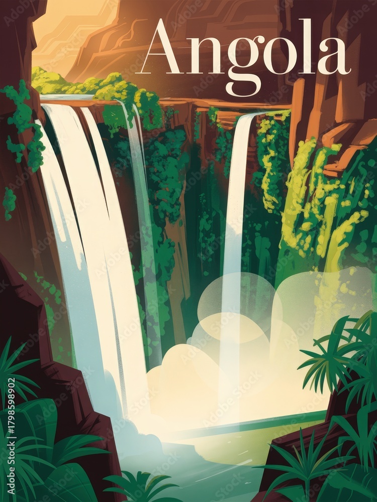 Majestic waterfalls cascade down rocky cliffs in Angola, surrounded by vibrant greenery. The sunlight filters through the trees, creating a serene and peaceful atmosphere in this natural paradise.