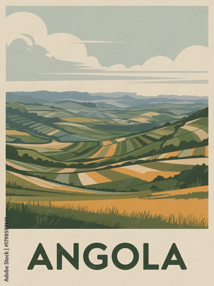 A scenic view of Angola features vibrant green and gold rolling hills. The farmland stretches across the landscape under a soft sky.