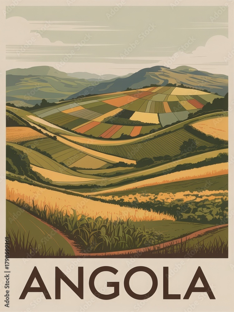 Lush green hills stretch across the landscape of Angola, featuring rows of colorful farmland.