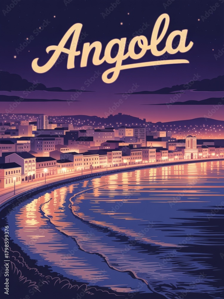 Bright city lights illuminate Angolas coastline as waves gently lap the shore at night. The colorful buildings create a vibrant atmosphere, capturing the essence of this beautiful location.