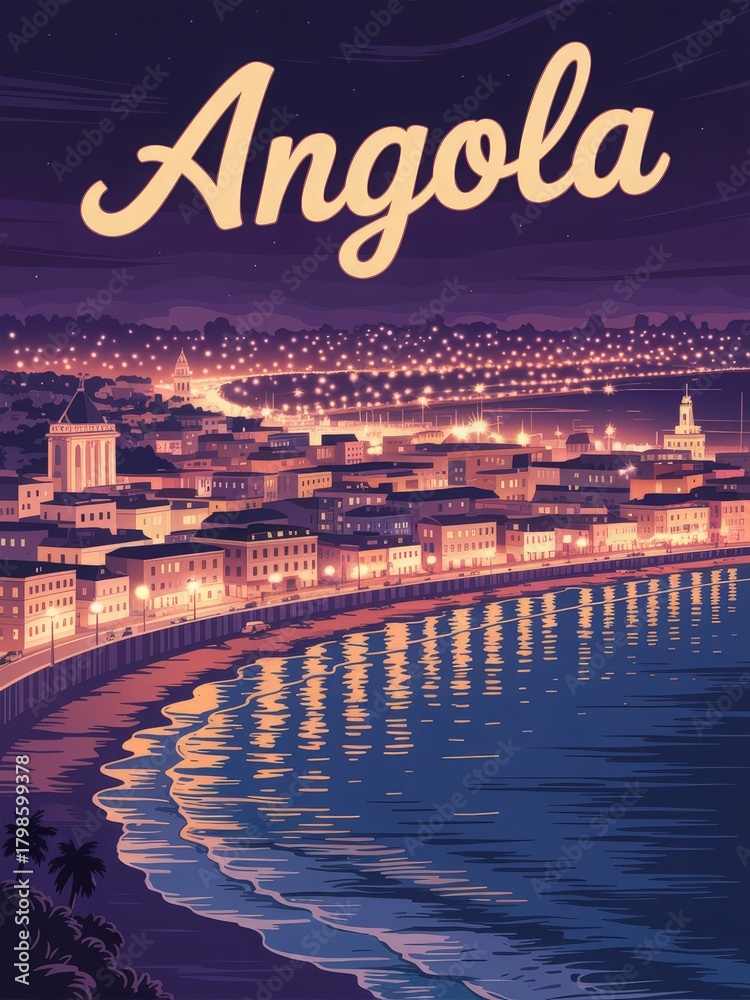 A beautiful coastal scene showcases the vibrant lights of Angolas cityscape at night. The peaceful waves reflect the shimmering lights, creating a serene atmosphere along the shore.