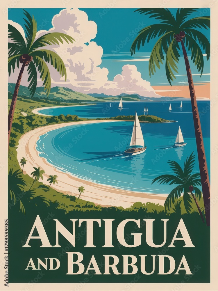 The coast of Antigua and Barbuda features white sandy beaches and clear blue water. Sailboats glide peacefully on the sea under a bright sky with fluffy clouds. Palm trees frame the view.