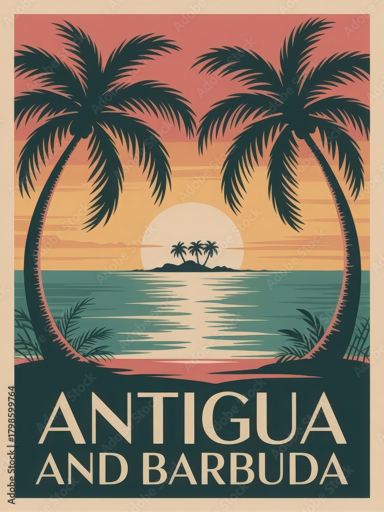 This tranquil scene features silhouettes of palm trees against a colorful sunset. The warm colors reflect on the calm sea, highlighting a small island in the distance.