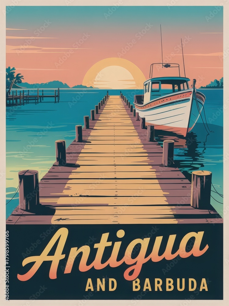 A wooden dock extends into calm waters under a vibrant sunset in Antigua and Barbuda. A small boat is moored beside the dock, surrounded by a picturesque landscape.