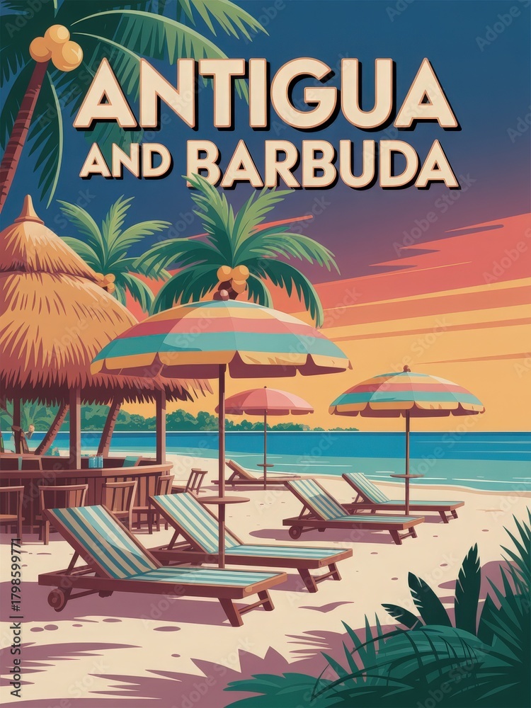 Relaxing beach scene shows lounge chairs under colorful umbrellas. Palm trees sway gently as the sun sets over the calm sea, creating a vibrant atmosphere in Antigua and Barbuda.