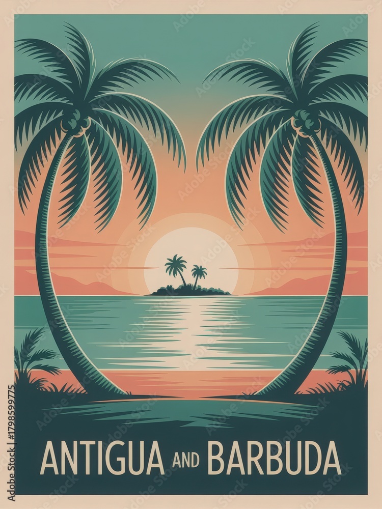 Two palm trees frame a beautiful sunset view over the water in Antigua and Barbuda. The sun casts a warm glow on the sea and nearby island, creating a peaceful atmosphere.