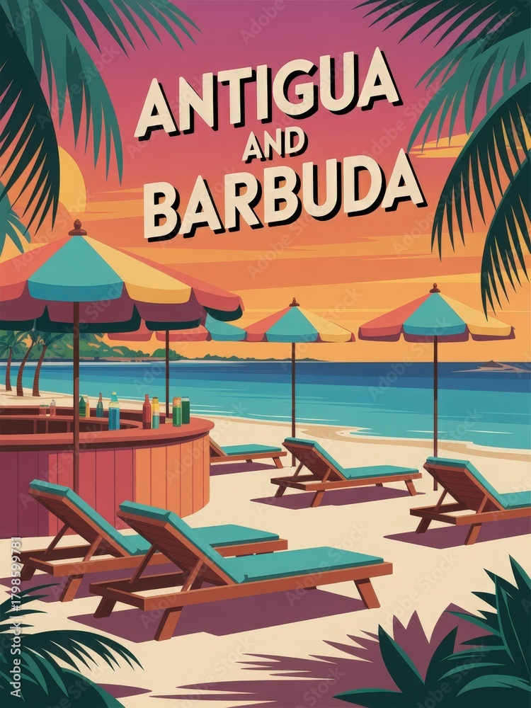 The scene shows a tranquil beach in Antigua and Barbuda during sunset. Lounge chairs are arranged under colorful umbrellas next to a bar, inviting relaxation with a beautiful ocean view.