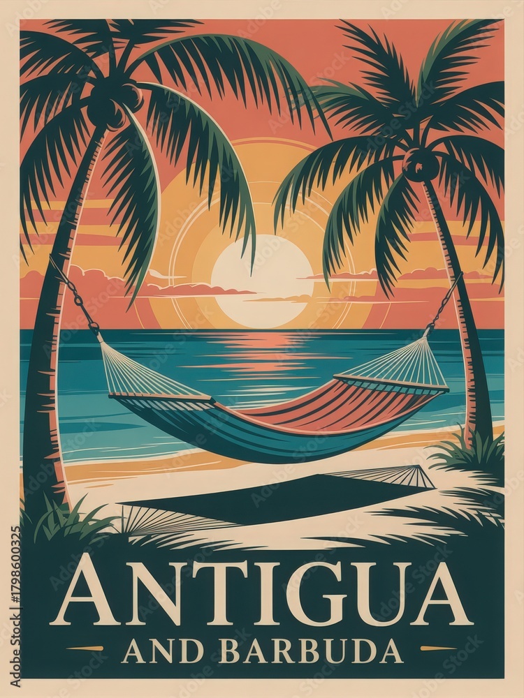 A peaceful scene showcases a hammock stretched between palm trees by the ocean. The sun sets on the horizon, painting the sky in warm colors. This tropical paradise invites relaxation.