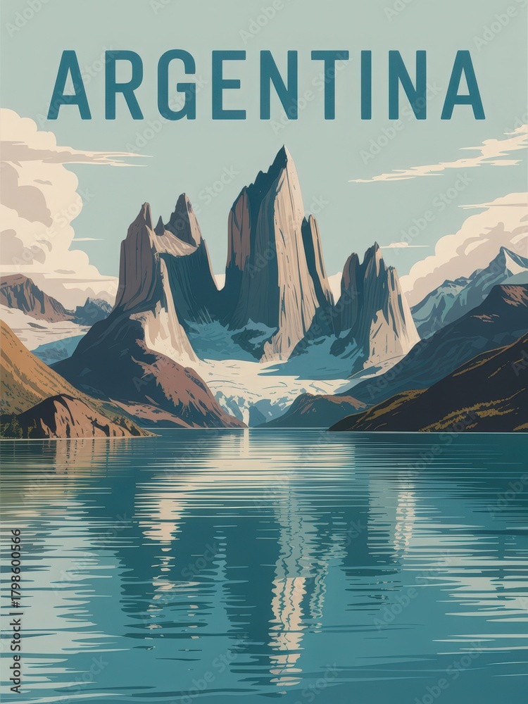 Majestic mountain peaks rise dramatically above tranquil waters, mirroring clouds and sky. The scene captures the breathtaking beauty of Argentinas natural wonders in a serene setting.