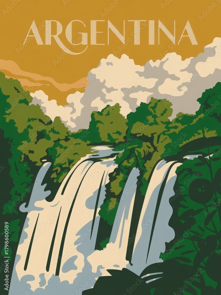 A majestic waterfall cascades down rocky cliffs surrounded by vibrant green foliage. The golden sky adds warmth to this serene environment, capturing the essence of Argentinas natural wonders.