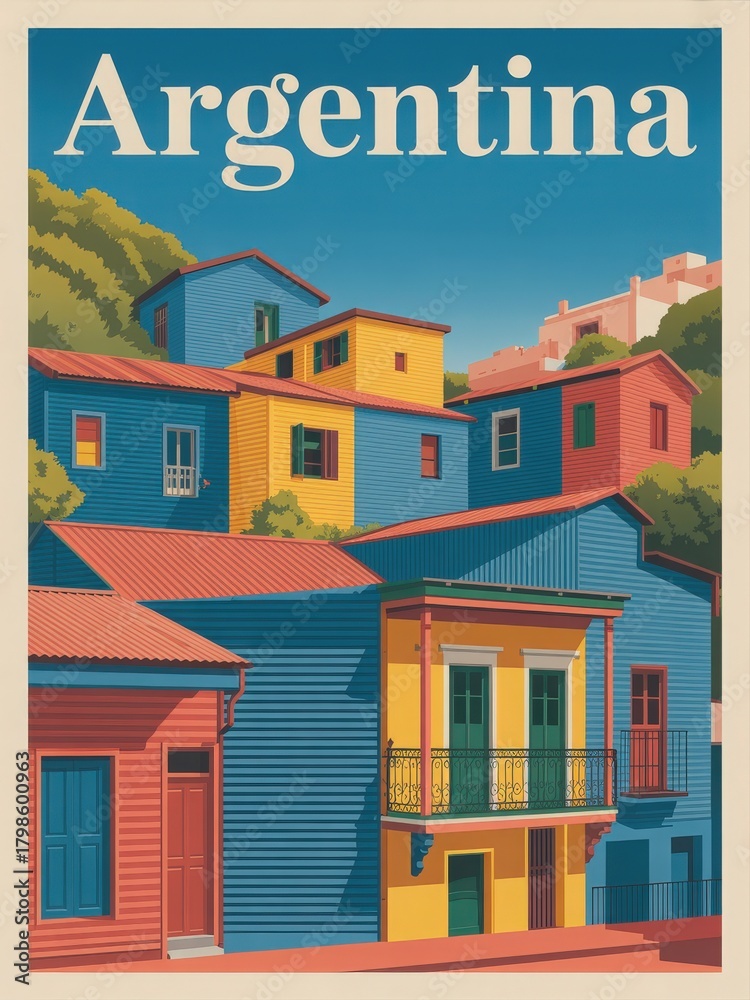 A row of colorful houses stands in a picturesque neighborhood of Buenos Aires. The buildings feature bright hues and traditional designs, reflecting the lively spirit of Argentina.