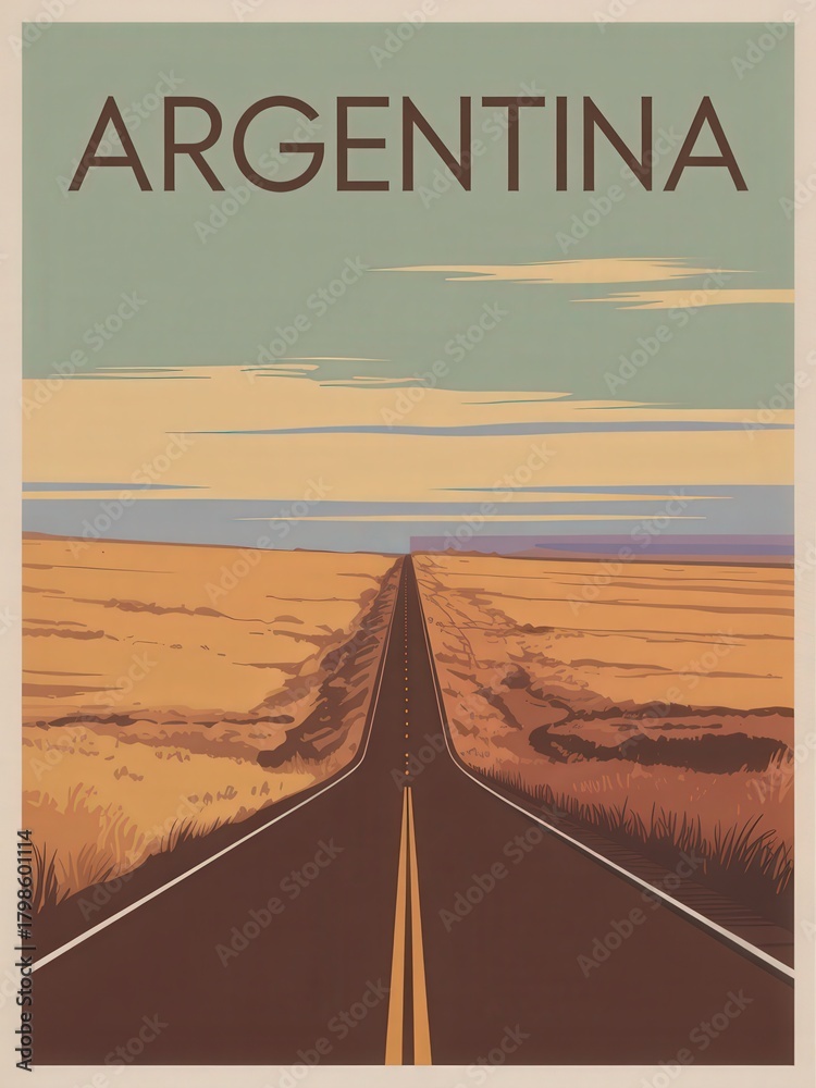 A straight road stretches through the golden landscape of Argentina. The sky transitions from blue to warm hues as dusk sets in, creating a picturesque scene of tranquility and adventure.