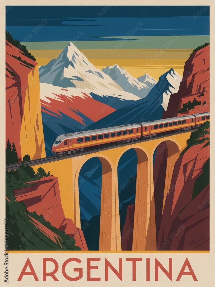 A train travels across a high bridge surrounded by rugged mountains and colorful skies.