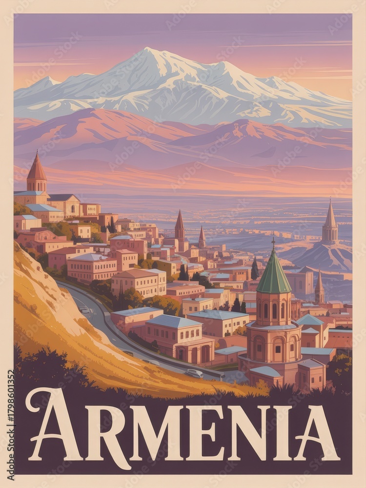 A beautiful view of Armenia with its mountains in the background. Historic buildings dot the hillside, showcasing the cultural richness of the region at sunset.