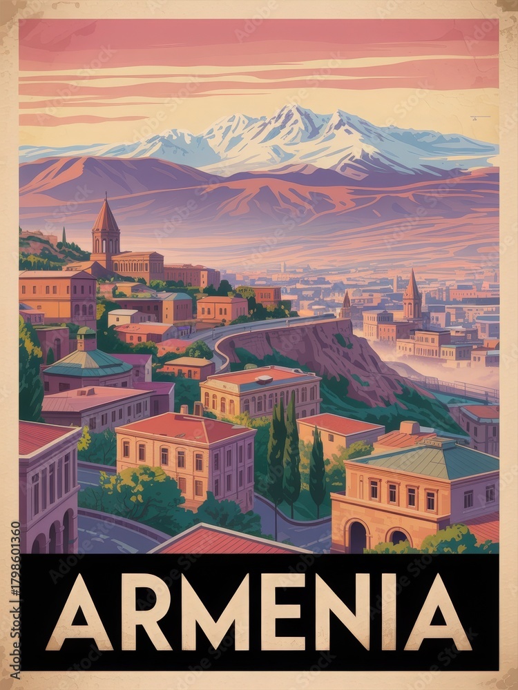 The scene captures a stunning view of Armenia during sunset, showcasing rolling hills, traditional buildings, and majestic mountains in the background.