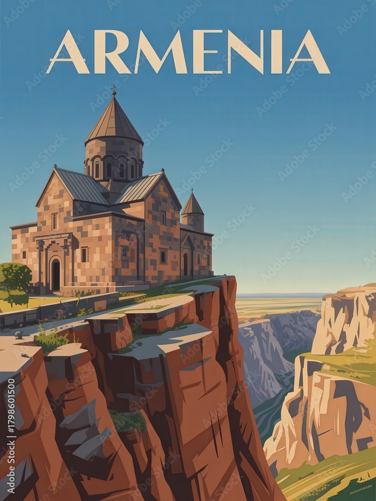 A beautiful Armenian monastery stands tall on a cliff, surrounded by breathtaking landscapes. The architectural features reflect a rich heritage, while the valley offers a dramatic backdrop.