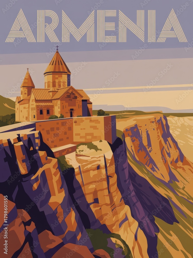 A historic church perched atop a rugged cliff in Armenia, bathed in warm sunset light. The rocky landscape and serene sky enhance the beauty of the setting.