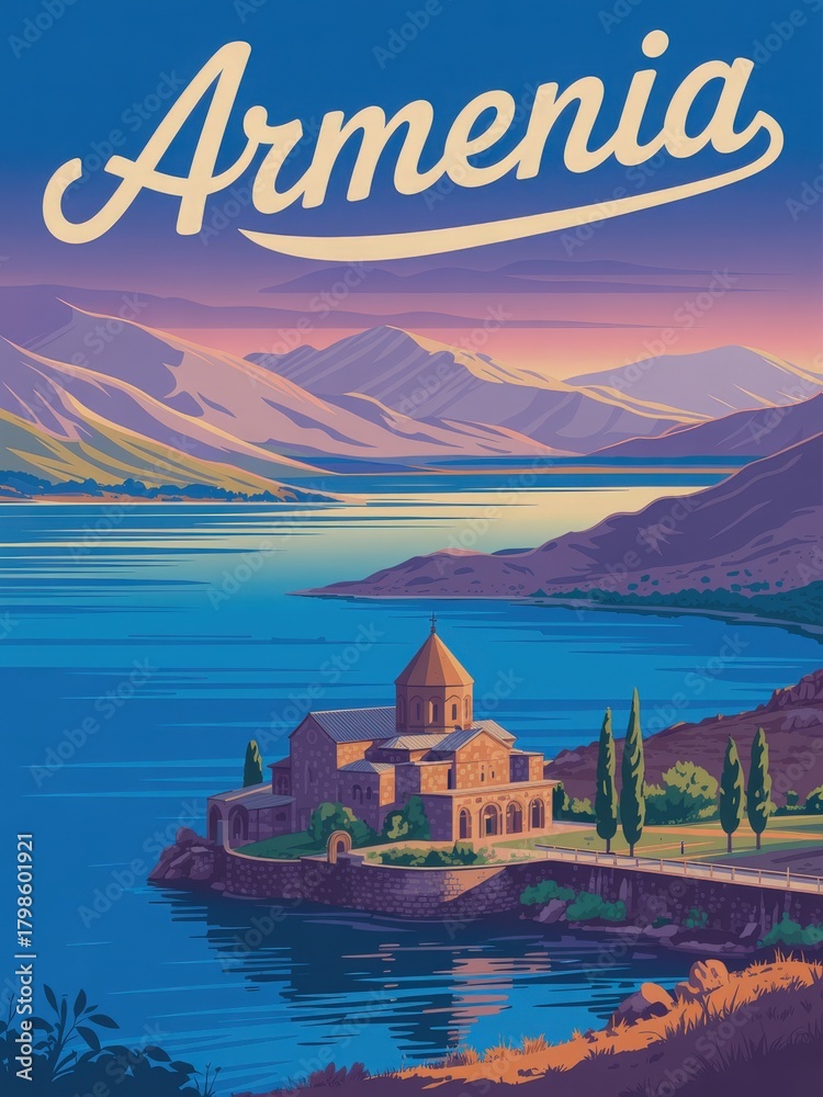 A serene view of a historic church located by a peaceful lake surrounded by majestic mountains at sunset. The warm colors of the sky reflect on the water, creating a tranquil atmosphere.