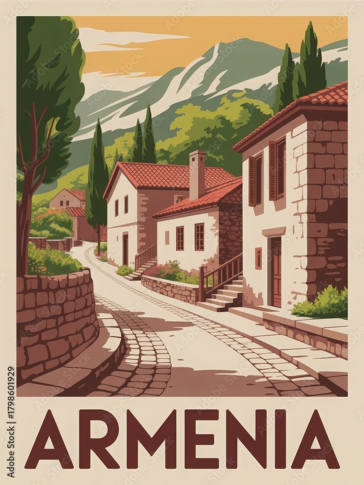 A picturesque street in Armenia with traditional stone houses and vibrant greenery. Lush trees line the road, while distant mountains provide a stunning backdrop in the background.
