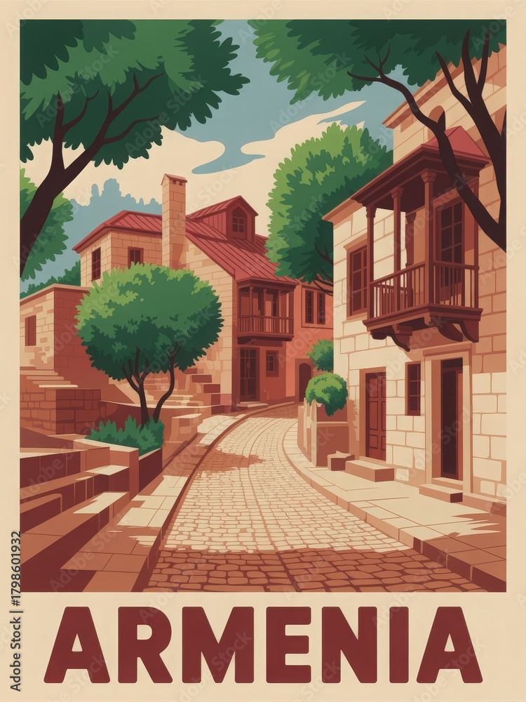 A picturesque street in Armenia features beautiful stone houses and lush trees. The vibrant atmosphere highlights the unique architecture and serene pathways, inviting exploration and discovery.