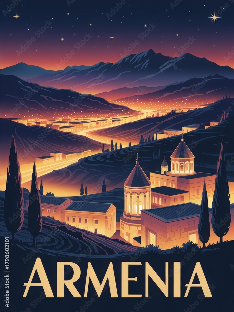 A beautiful night scene of Armenia showcases a quiet valley illuminated by warm lights.