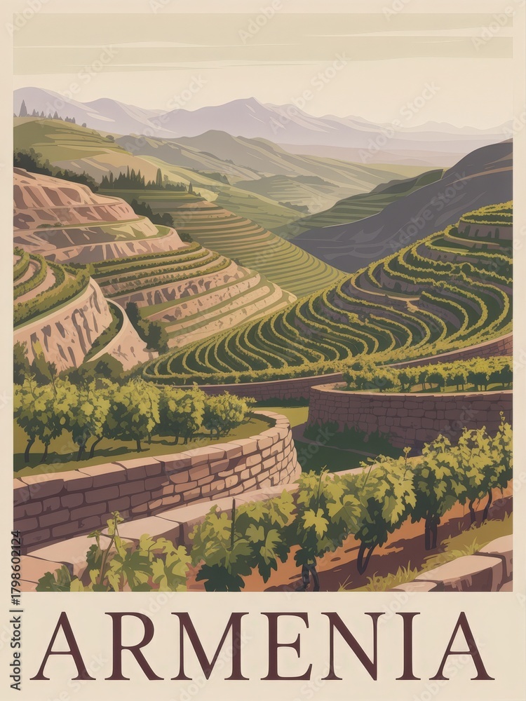 Beautiful terraced vineyards stretch across the hills of Armenia under a warm golden light. The rolling landscape is enhanced by distant mountains, creating a tranquil and picturesque scene.