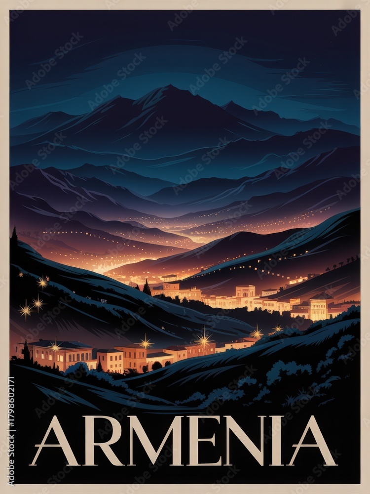 A beautiful view of Armenia at night reveals a valley illuminated by city lights. Dark mountains surround the valley, creating a striking contrast against the warm glow of homes and streets.