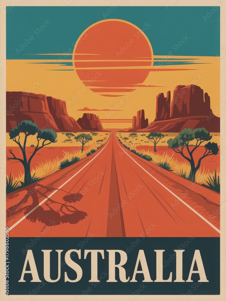 A vibrant sunset fills the sky above a long, winding road in the Australian outback. Tall red rock formations and scattered trees frame the scene, highlighting the beauty of nature.