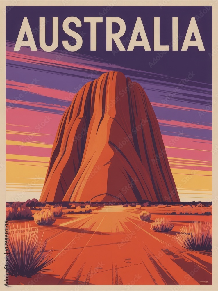 A striking red rock formation stands tall in the Australian desert as the sun sets. Vivid colors fill the sky and the landscape, highlighting the natural beauty of this iconic landmark.