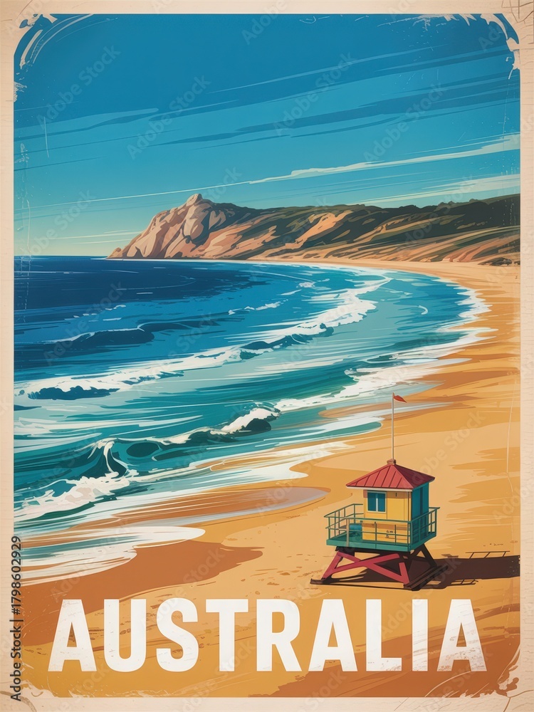 A vibrant beach scene in Australia showcases a lifeguard station beside gentle waves. The coastline is framed by cliffs under a clear blue sky, highlighting the beauty of the surroundings.