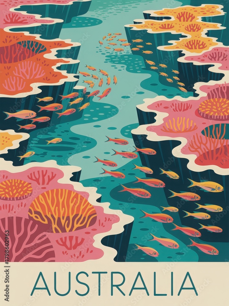 Bright coral formations and schools of fish fill the waters in Australias vibrant ocean scene. This underwater world showcases a rich ecosystem that thrives beneath the waves.