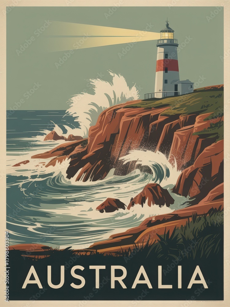 A lighthouse stands tall on a rocky cliff, casting its light across ocean waves. The scene showcases Australias natural beauty, with powerful waves crashing against the shore.