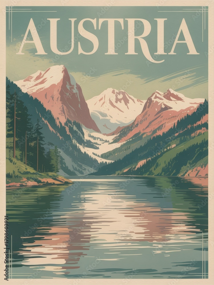 Scenic view of tall mountains in Austria with snow-capped peaks. A calm lake reflects the landscape under a clear sky, surrounded by lush trees. This serene setting captures the beauty of nature.