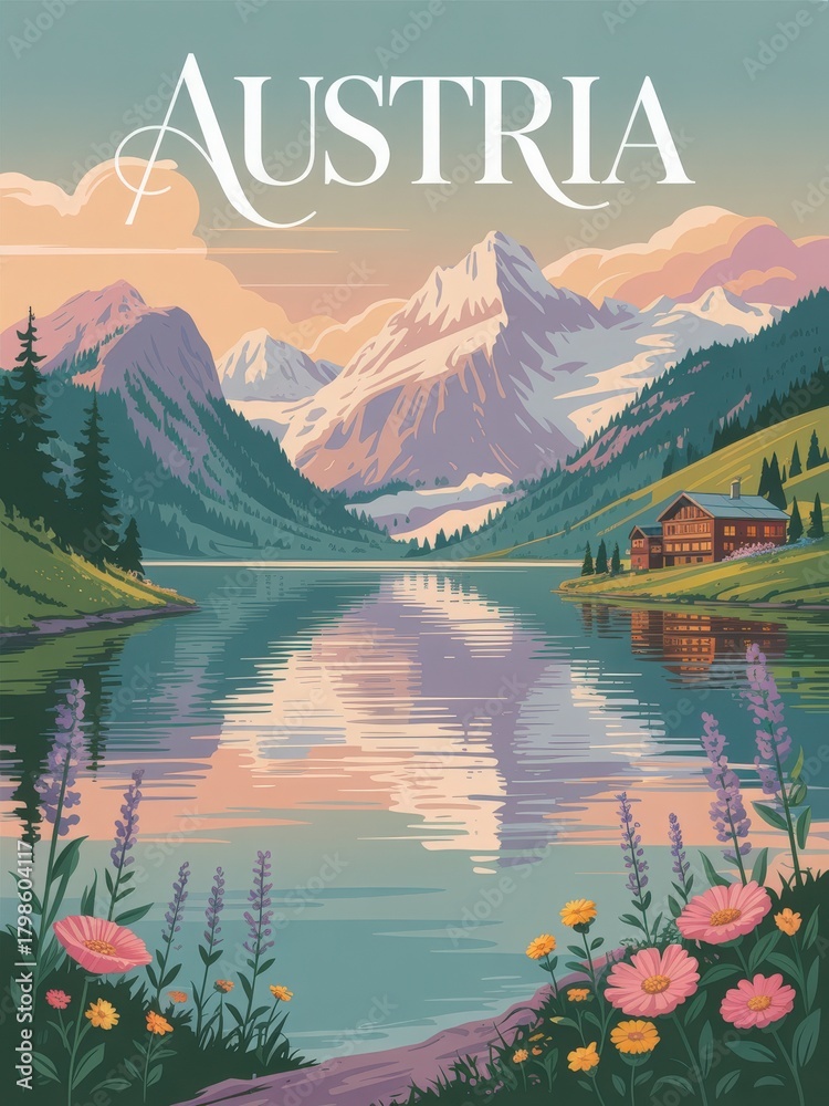 Scenic view of a serene lake reflecting distant mountains in Austria, framed by lush greenery and vibrant wildflowers, creating a peaceful atmosphere at sunset.