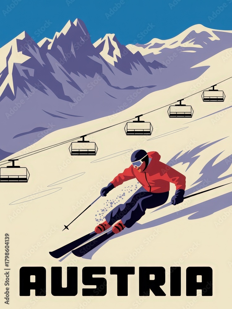 A skier descends a snowy slope in Austria, dressed in a bright red jacket. The majestic mountains provide a stunning backdrop, with ski lifts visible in the distance under a clear blue sky.