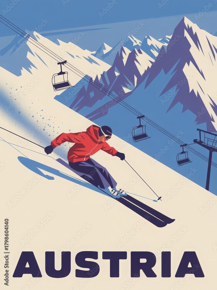 A skier dressed in a bright red jacket skillfully glides downhill on a snowy slope in Austria. The stunning backdrop features majestic mountains and ski lifts.