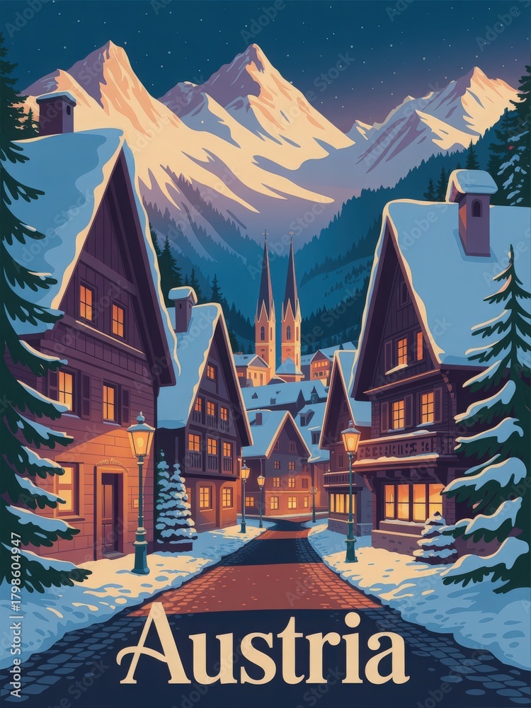 A peaceful winter evening scene shows a quaint village in Austria, with snow-covered rooftops, tall trees, and a church in the distance. The warm glow of street lamps enhances the cozy atmosphere.