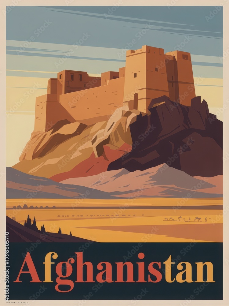 This artwork showcases a historic castle perched on a rocky outcrop in Afghanistan, surrounded by vast landscapes and mountains. The warm colors reflect a stunning sunset, inviting exploration.