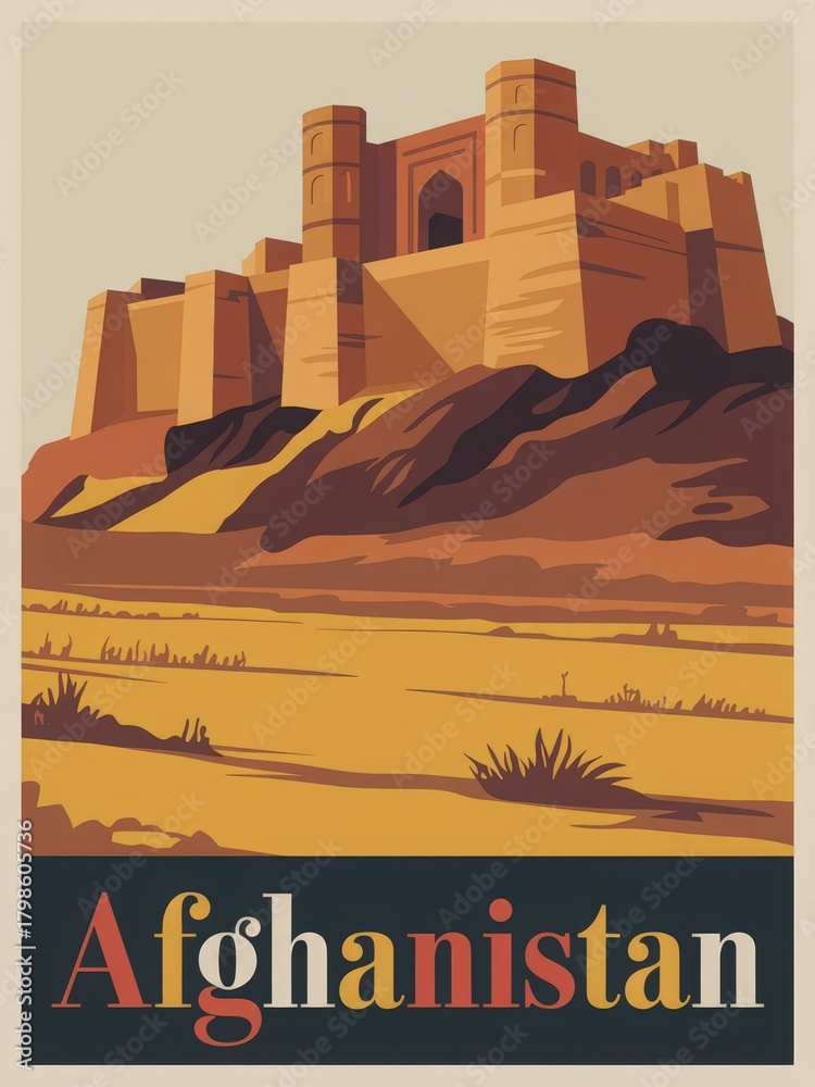 The image features a large historic fort set against a backdrop of desert terrain in Afghanistan. The structure displays traditional design elements, capturing the essence of the regions history.