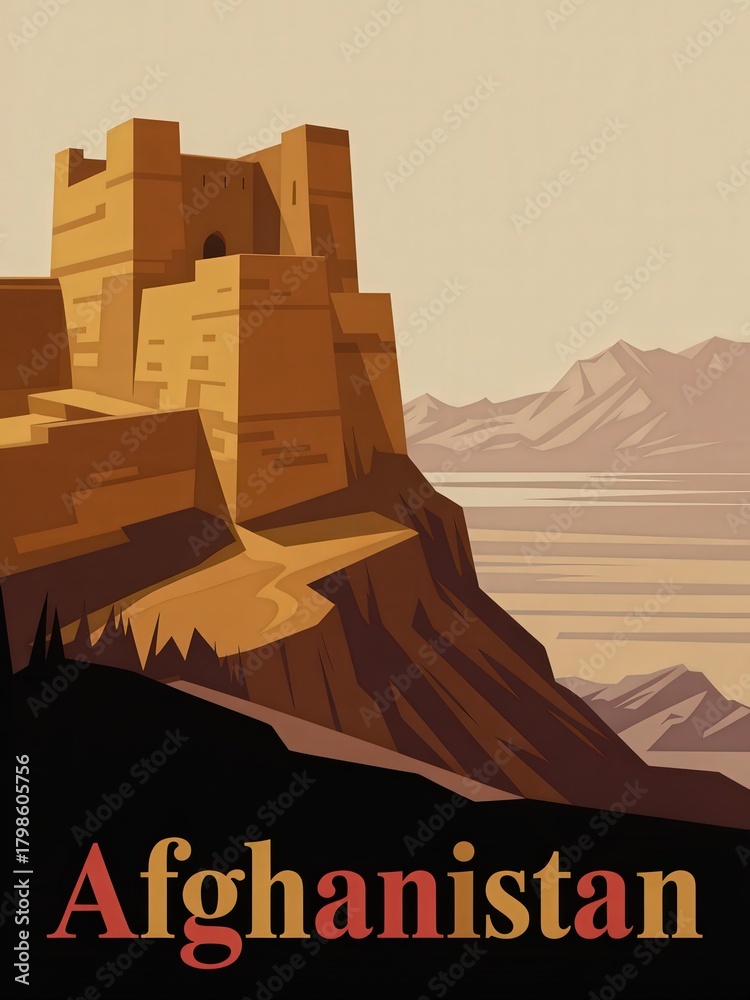 A majestic fortress stands on a rocky hillside, overlooking serene waters and distant mountains.
