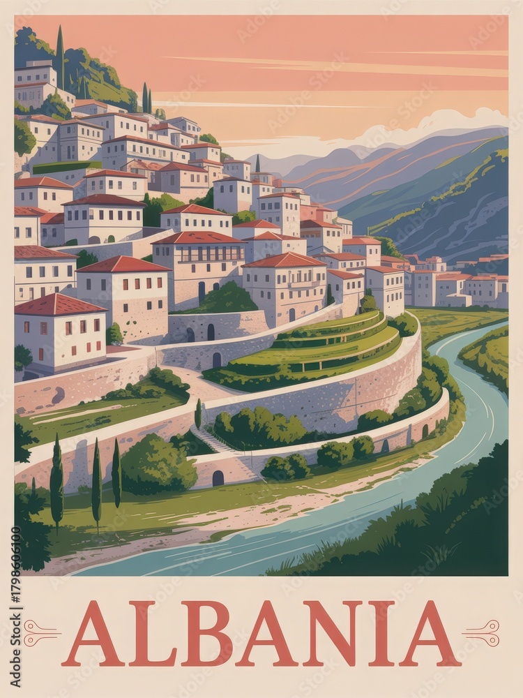 Nestled in the hills of Albania, this picturesque village showcases charming houses with white facades. A winding river flows beneath, and lush green hills surround the serene landscape.