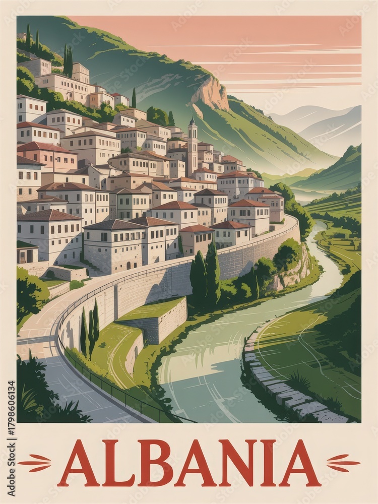 A picturesque village in Albania is set against a backdrop of green mountains, with houses on steep slopes and a winding river below. Sunlight casts soft shadows on the landscape.