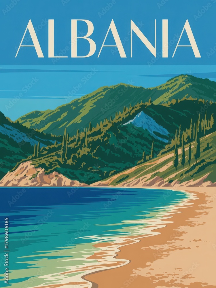 This vibrant scene captures a beautiful stretch of beach in Albania, bordered by lush green mountains and a clear blue sky. The calm water reflects the landscape, creating a serene atmosphere.