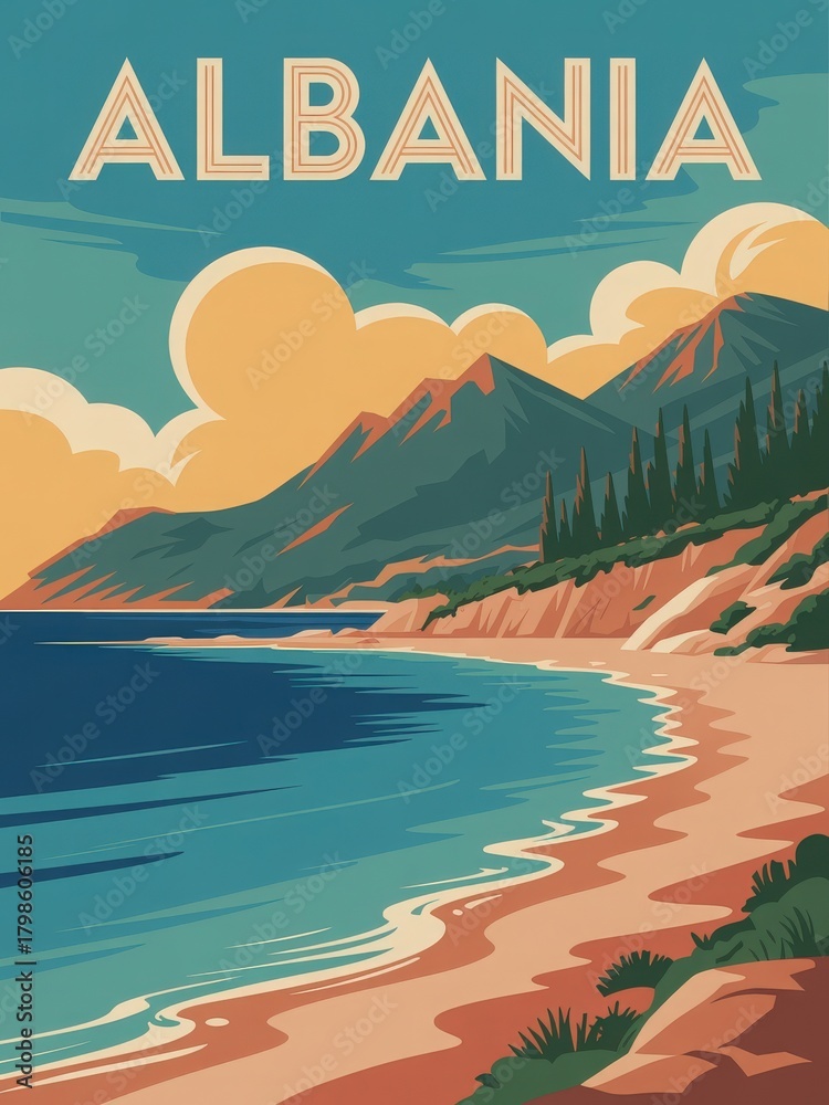 The stunning Albanian coastline with a sandy beach, lush green mountains, and a colorful sky at sunset. The waves gently lap at the shore, creating a serene atmosphere.