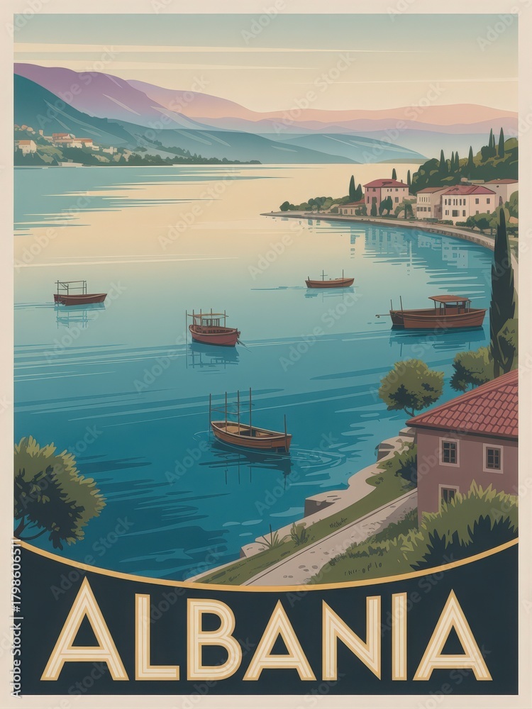 Serene landscape showcasing tranquil waters in Albania. Traditional wooden boats float gently as the sun sets over the hills. A picturesque scene filled with natural beauty and charm.