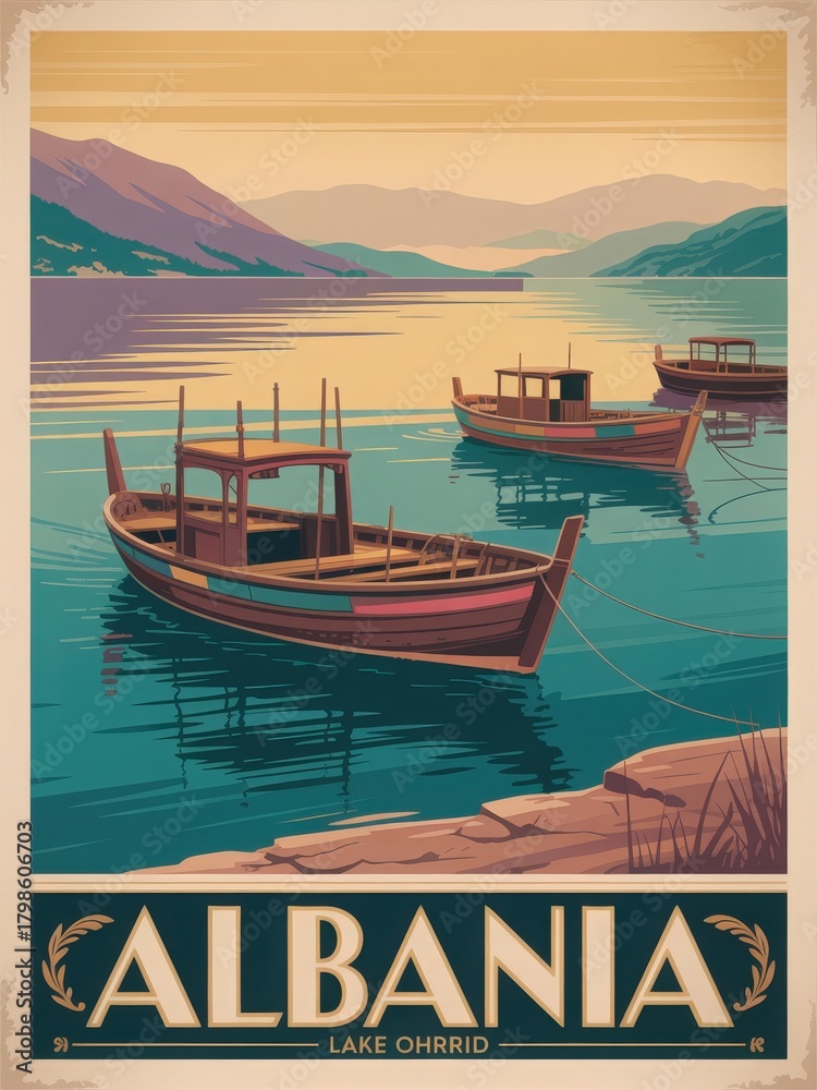 Boats gently float on the calm waters of Lake Ohrid as the sun sets behind distant mountains, creating a serene and picturesque scene in Albania. The tranquil atmosphere invites relaxation.