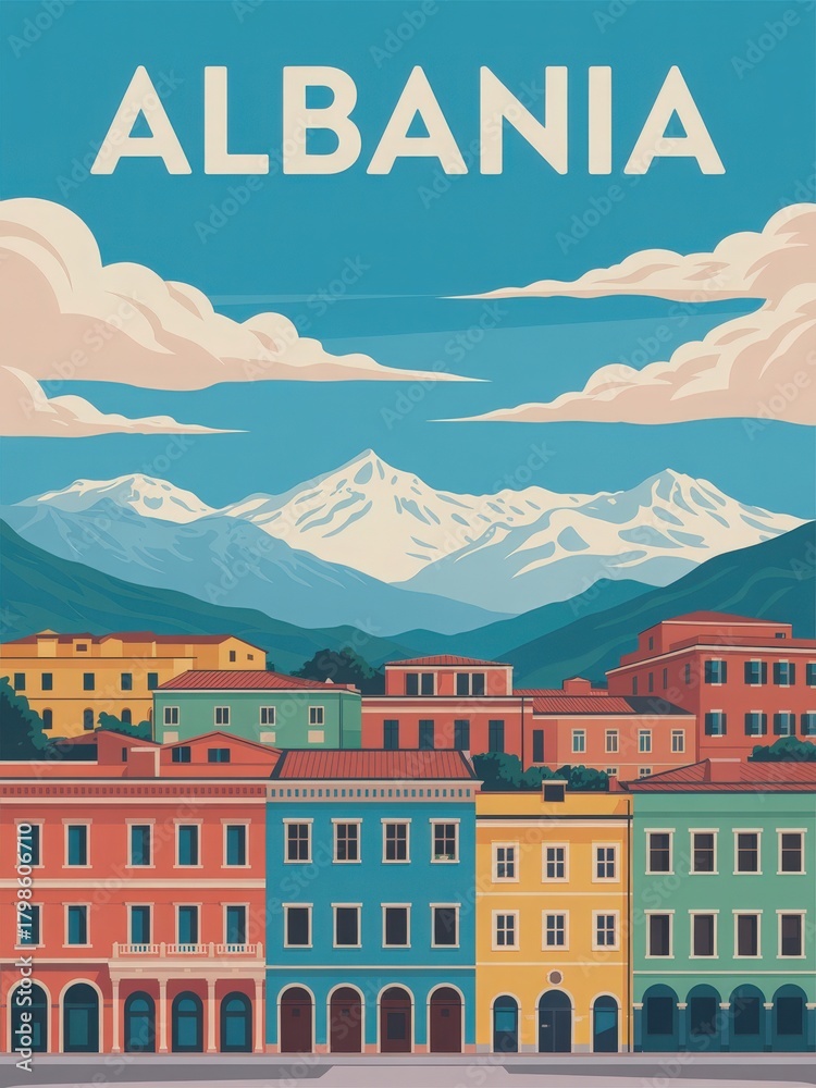 The scene captures a picturesque view of colorful buildings along a street, set against the backdrop of tall mountains under a clear blue sky. This location showcases Albanias natural beauty.