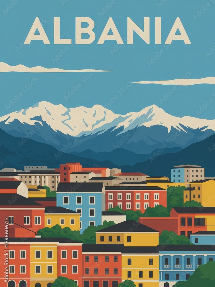 Colorful buildings line the foreground of this Albanian scene, set against majestic mountains. The bright blues and reds create a lively atmosphere under a clear blue sky.