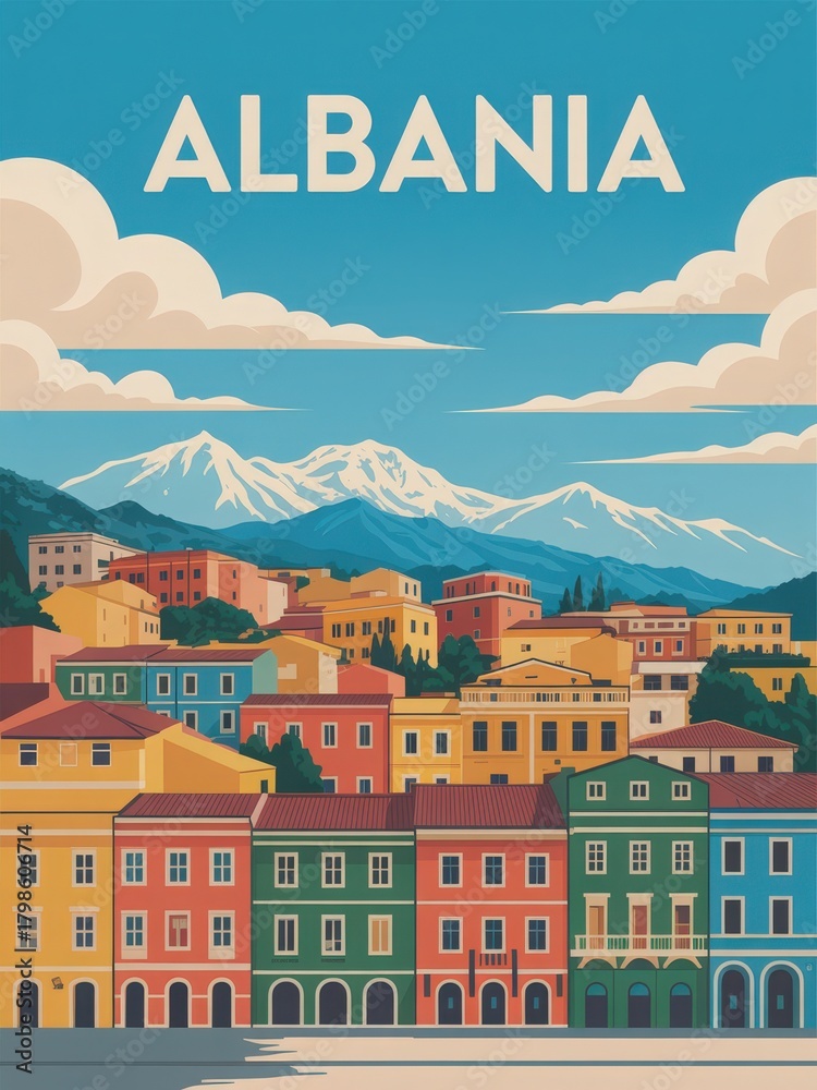 Colorful buildings line the streets of Albania, with majestic snow-capped mountains rising in the background under a bright blue sky. The scene captures the charm and beauty of the region.