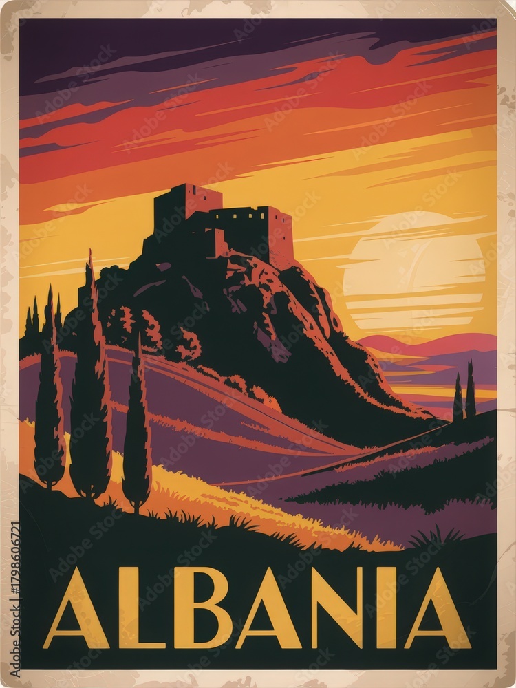A stunning sunset casts warm hues over a castle perched on a rocky hill in Albania. Cypress trees line the foreground, enhancing the calm, picturesque scene captured in this artwork.